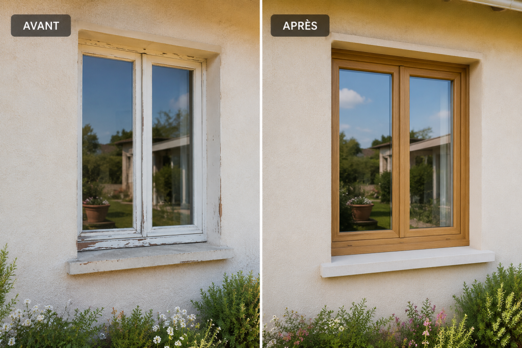 Avant et après le remplacement d'une ancienne fenêtre par une fenêtre en bois performante.
