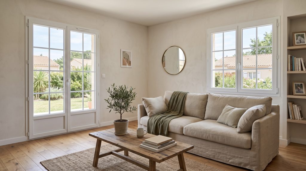 Salon lumineux avec portes-fenêtres en bois offrant une excellente isolation thermique et un apport maximal en lumière naturelle.